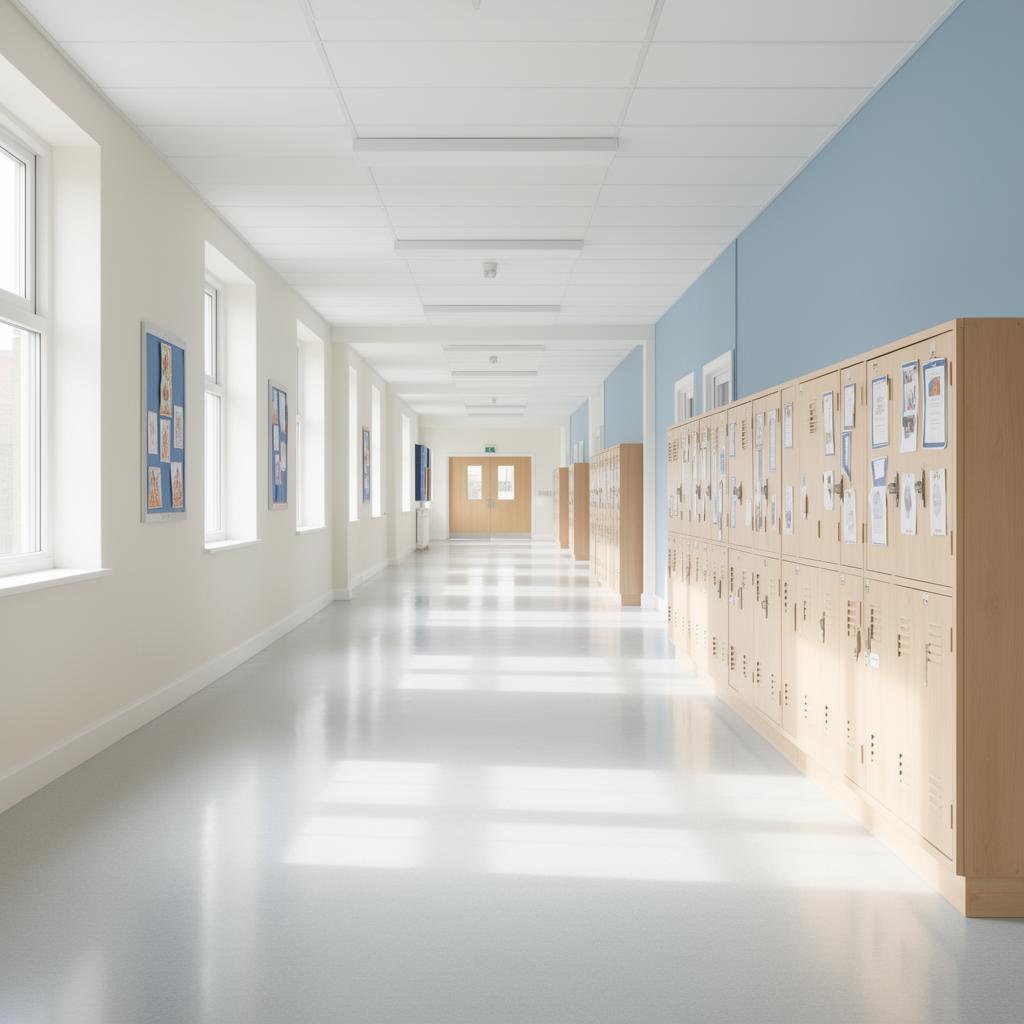 A spotless, well-lit school corridor maintained to a high commercial cleaning standard